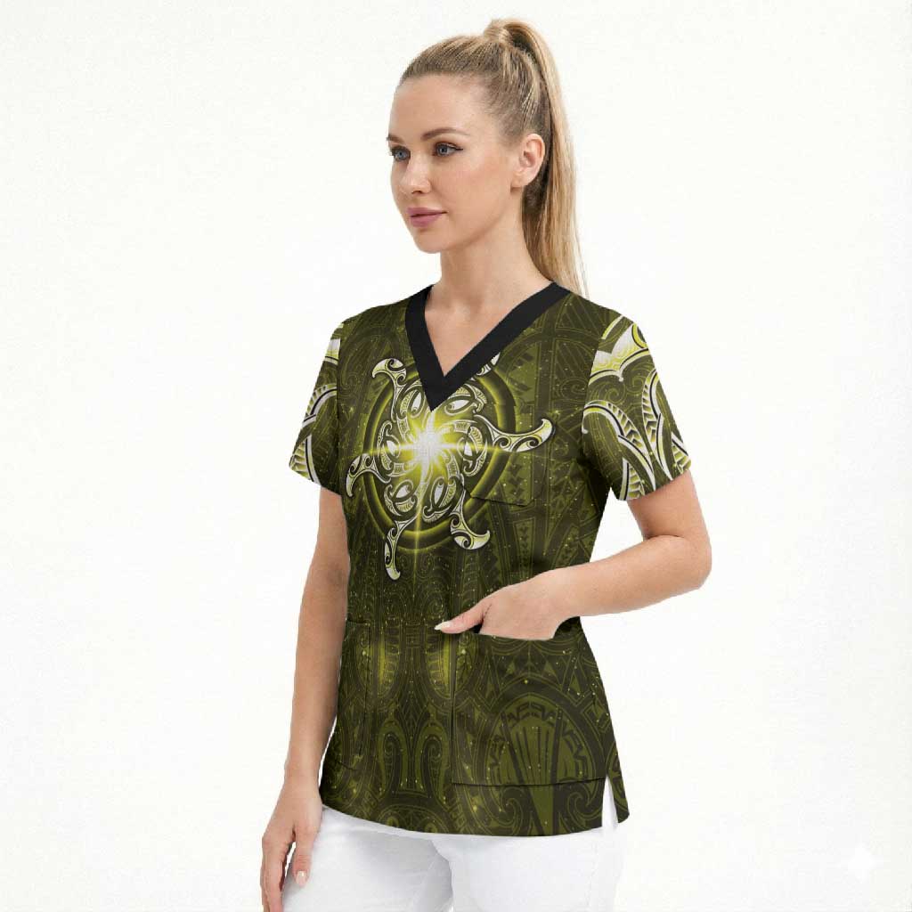 New Zealand Matariki Hiwaiterangi Scrub Top Maori Moko Yellow Galaxy