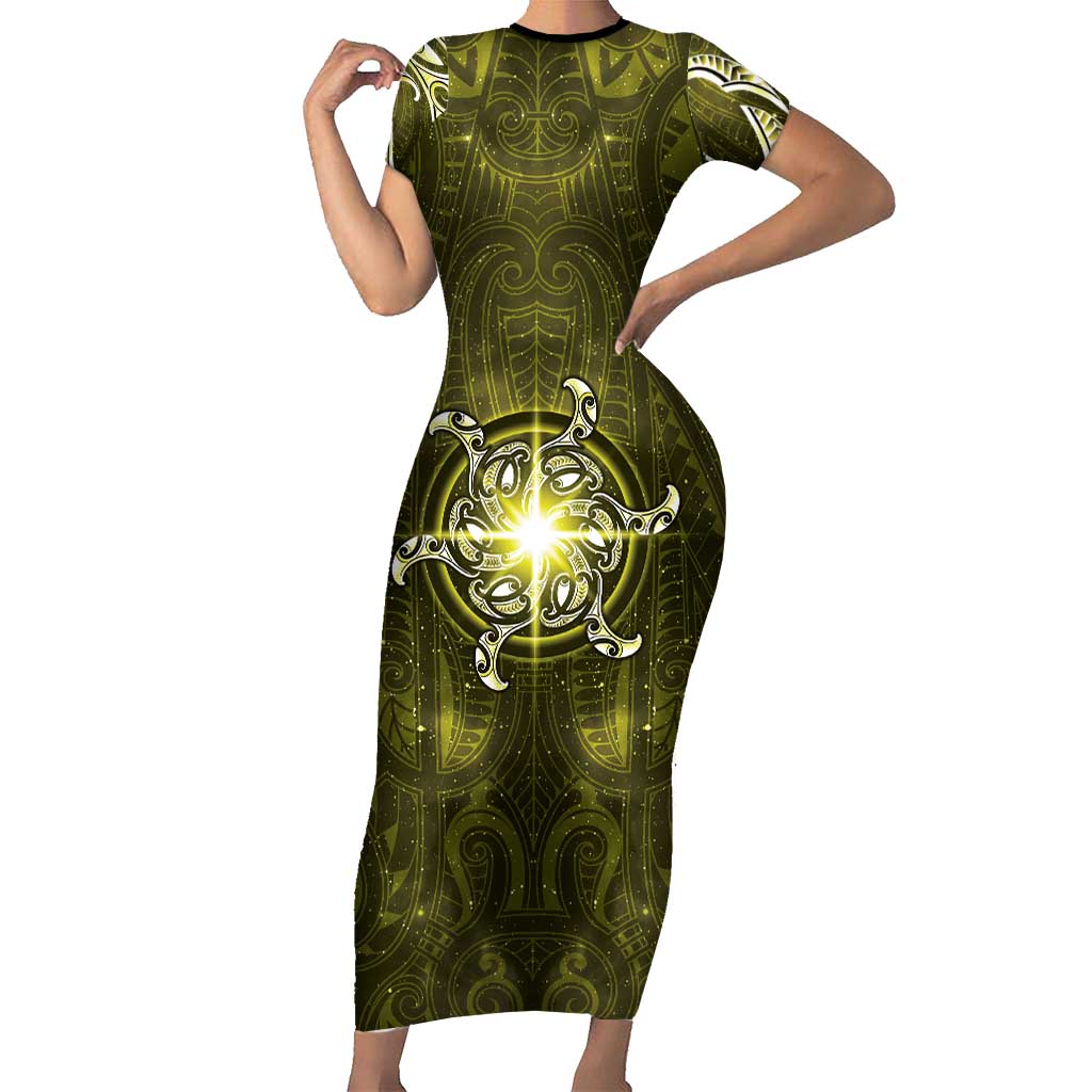 New Zealand Matariki Hiwaiterangi Short Sleeve Bodycon Dress Maori Moko Yellow Galaxy LT05 Long Dress Yellow - Polynesian Pride