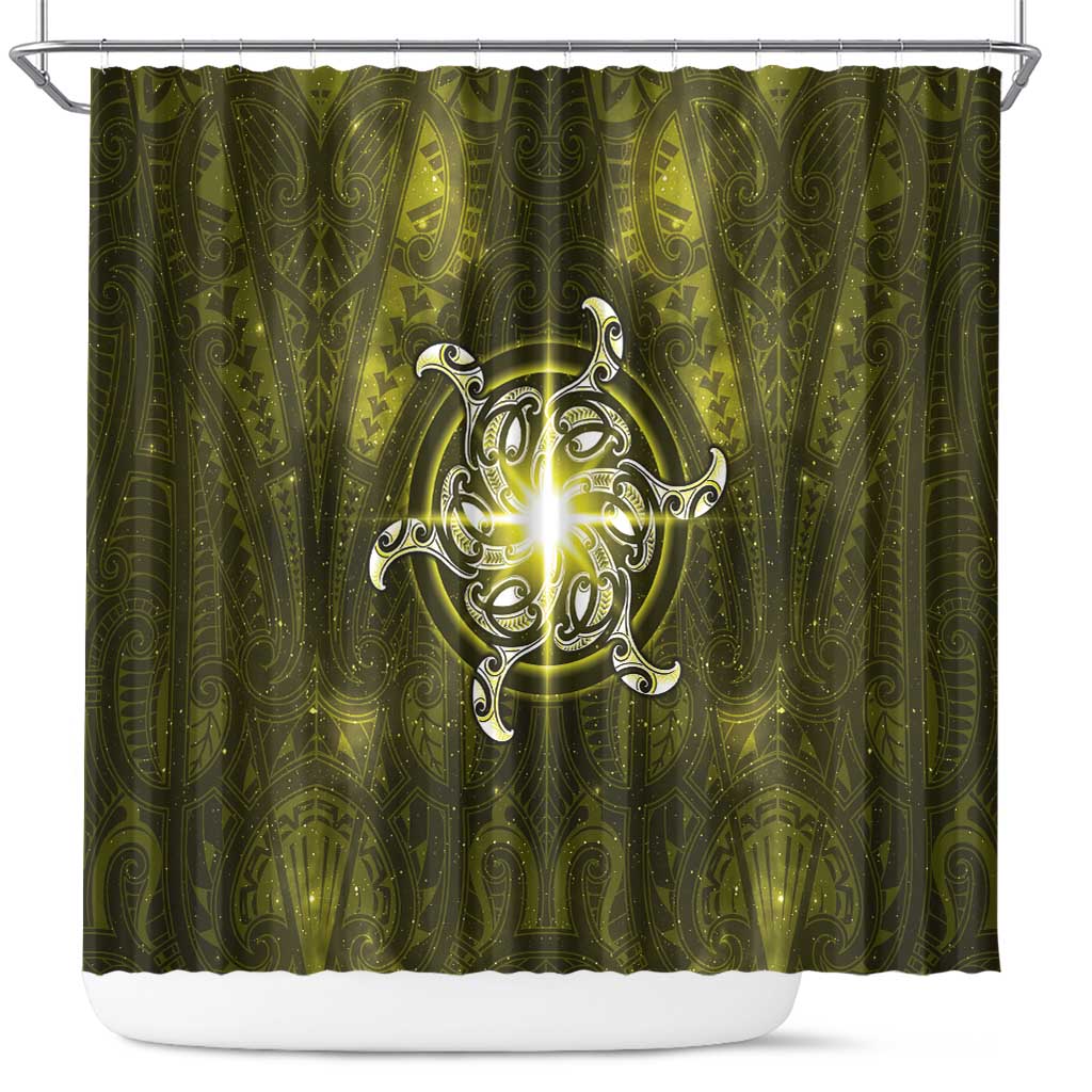 New Zealand Matariki Hiwaiterangi Shower Curtain Maori Moko Yellow Galaxy
