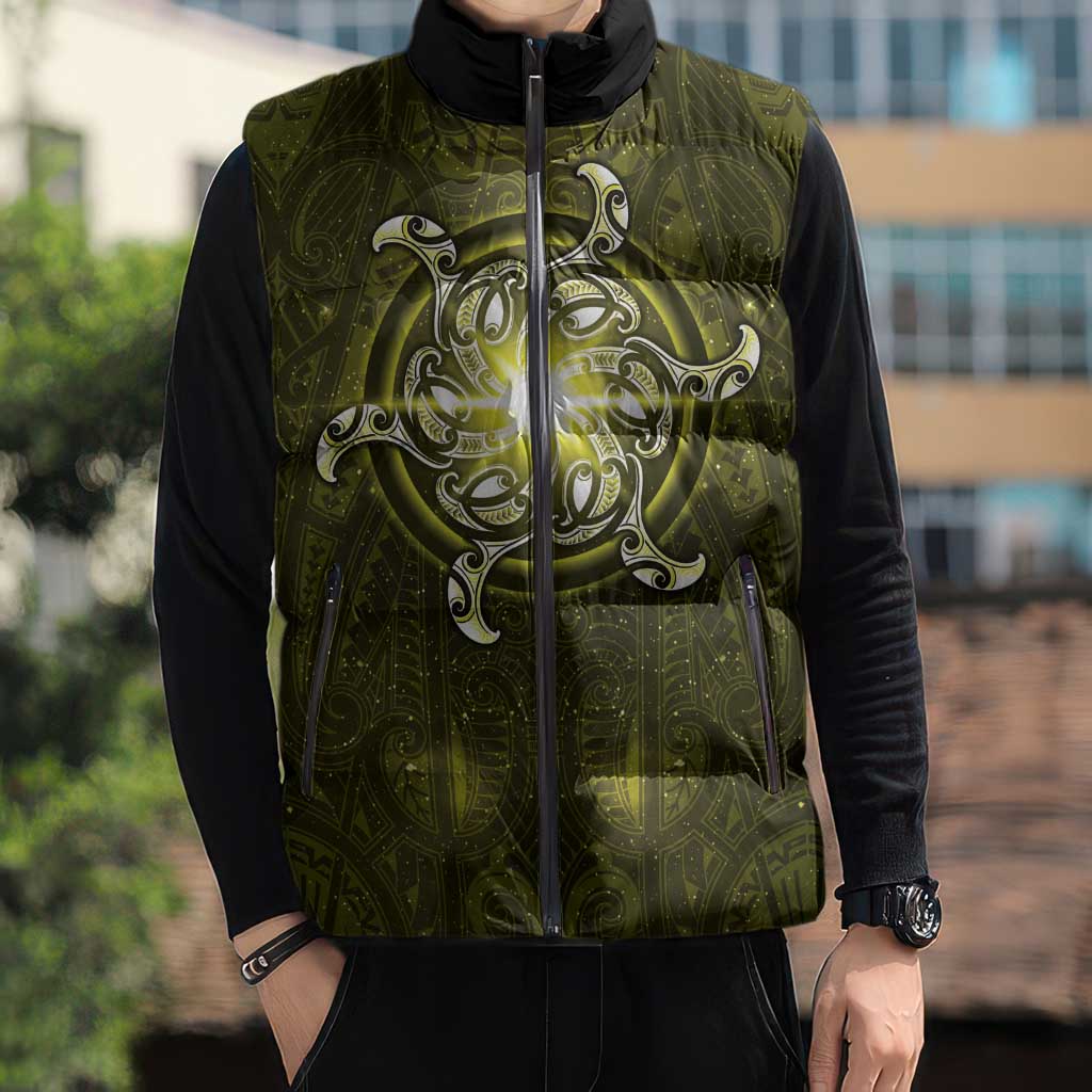New Zealand Matariki Hiwaiterangi Sleeveless Puffer Jacket Maori Moko Yellow Galaxy