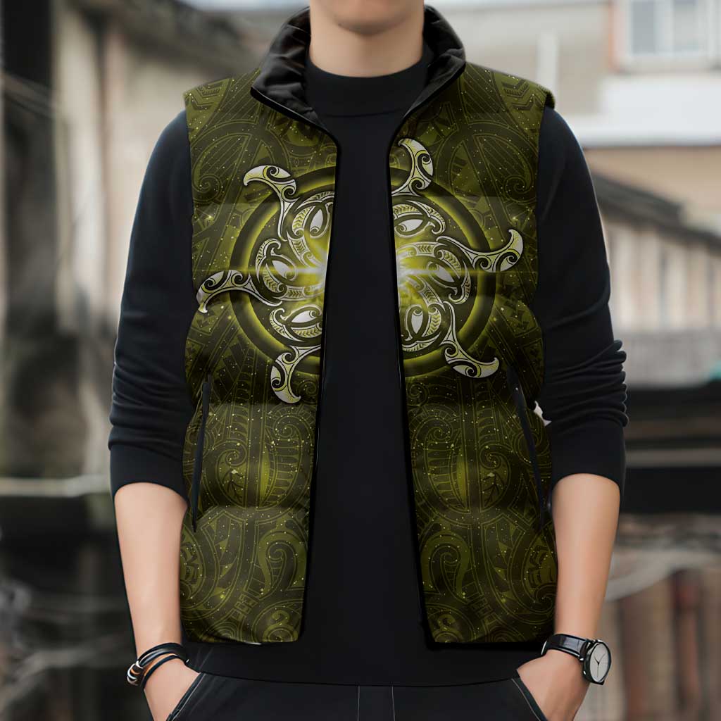 New Zealand Matariki Hiwaiterangi Sleeveless Puffer Jacket Maori Moko Yellow Galaxy