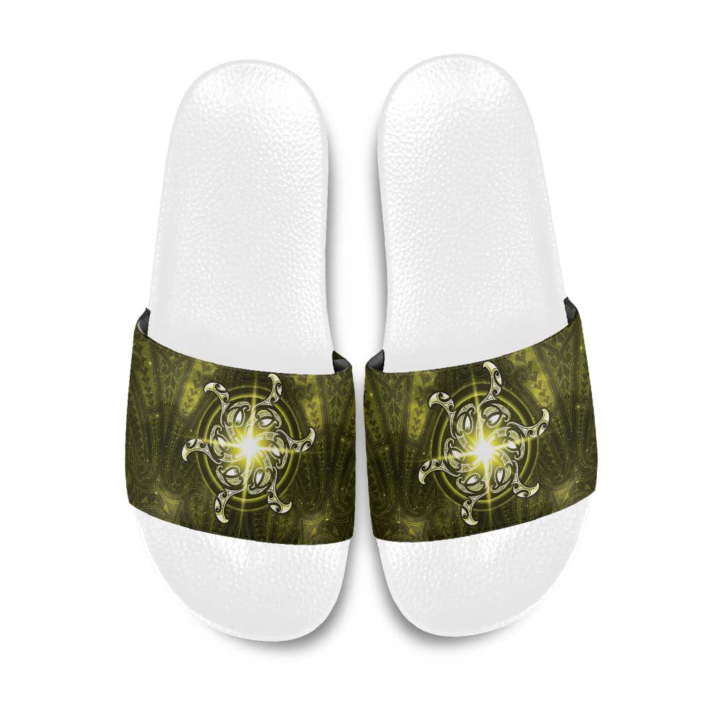 New Zealand Matariki Hiwaiterangi Slide Sandals Maori Moko Yellow Galaxy