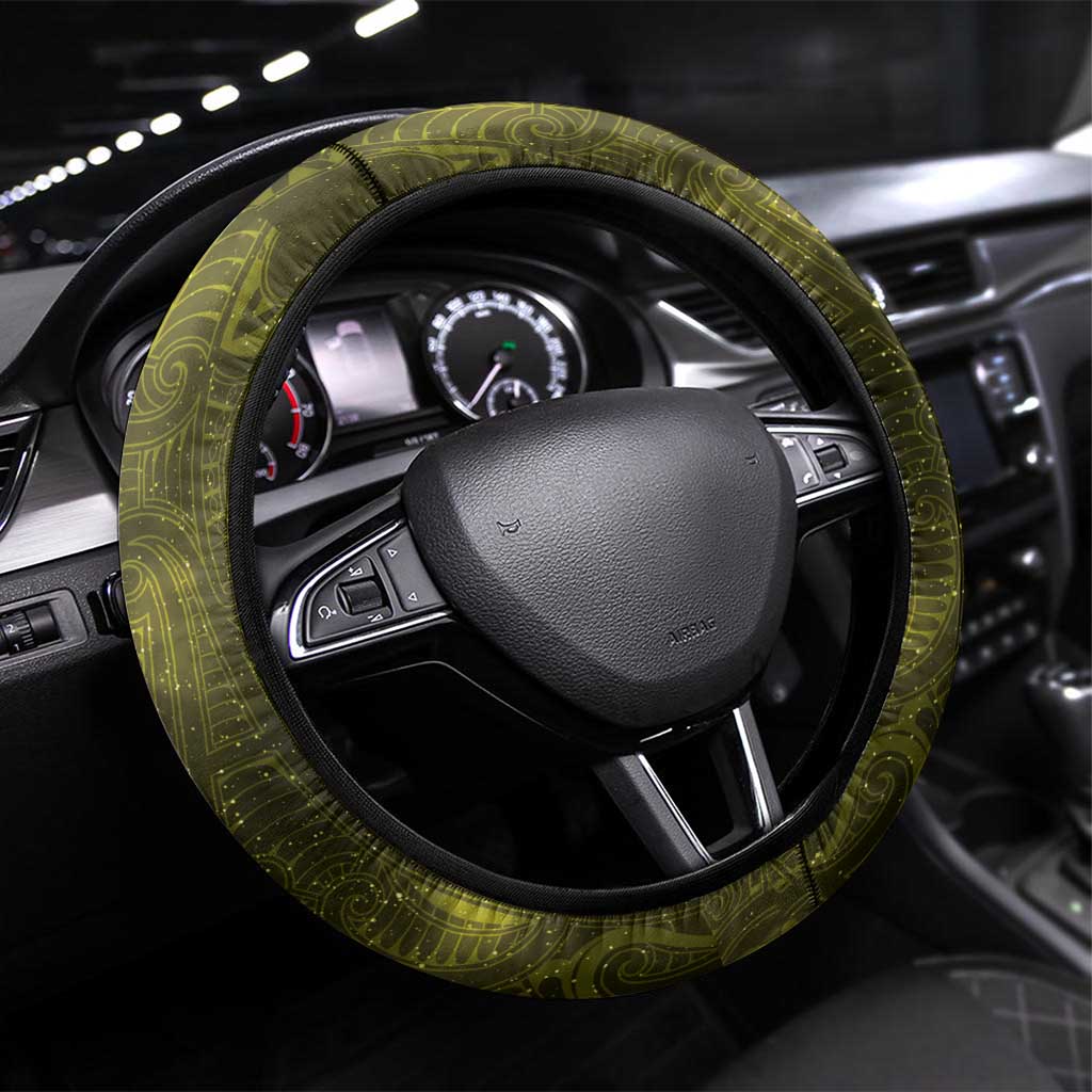New Zealand Matariki Hiwaiterangi Steering Wheel Cover Maori Moko Yellow Galaxy LT05 Universal Fit Yellow - Polynesian Pride
