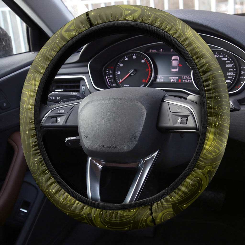 New Zealand Matariki Hiwaiterangi Steering Wheel Cover Maori Moko Yellow Galaxy LT05 - Polynesian Pride