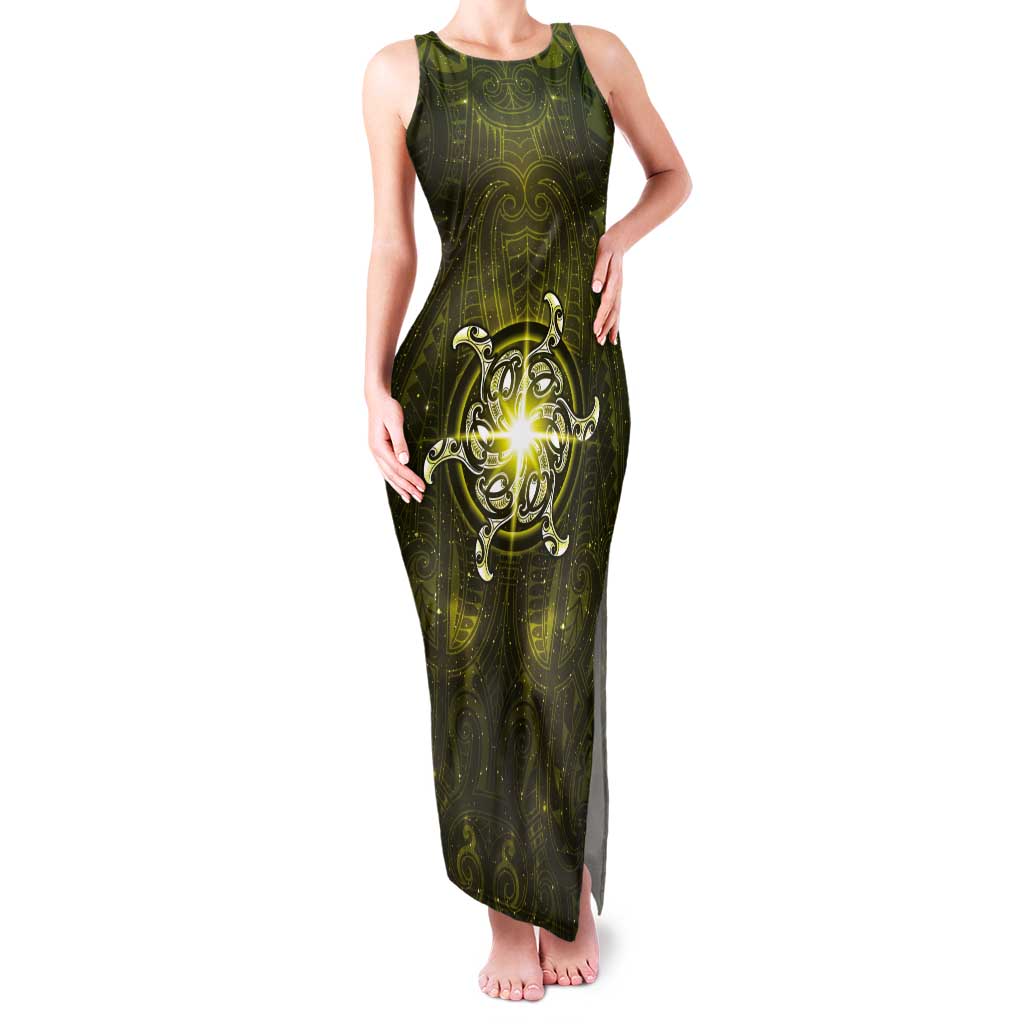 New Zealand Matariki Hiwaiterangi Tank Maxi Dress Maori Moko Yellow Galaxy LT05 Women Yellow - Polynesian Pride