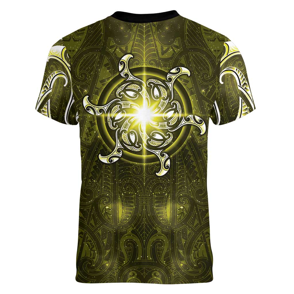 New Zealand Matariki Hiwaiterangi Women V-Neck T-Shirt Maori Moko Yellow Galaxy LT05 - Polynesian Pride