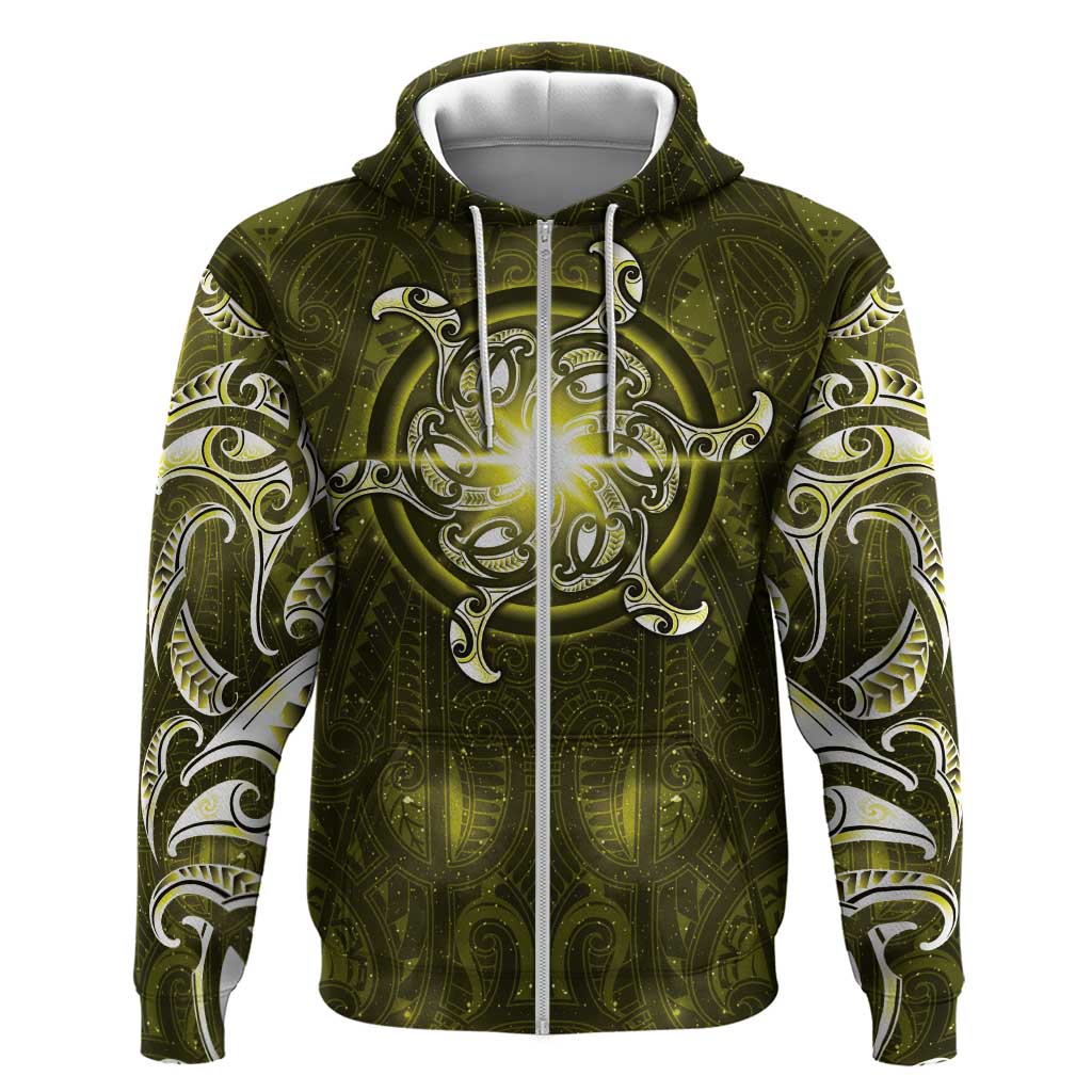 New Zealand Matariki Hiwaiterangi Zip Hoodie Maori Moko Yellow Galaxy LT05 Zip Hoodie Yellow - Polynesian Pride