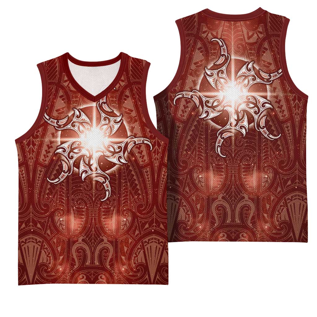 New Zealand Matariki Pohutukawa Basketball Jersey Maori Moko Red Galaxy