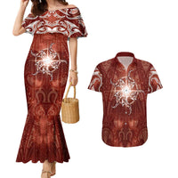 New Zealand Matariki Pohutukawa Couples Matching Mermaid Dress and Hawaiian Shirt Maori Moko Red Galaxy LT05 Red - Polynesian Pride