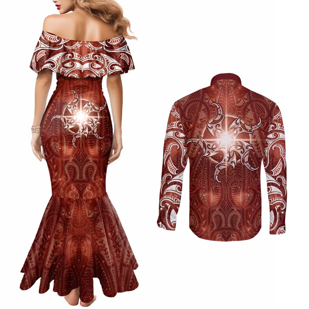 New Zealand Matariki Pohutukawa Couples Matching Mermaid Dress and Long Sleeve Button Shirt Maori Moko Red Galaxy LT05 - Polynesian Pride