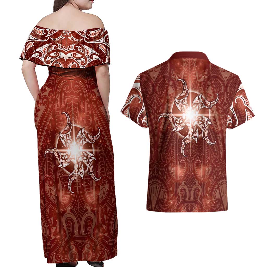 New Zealand Matariki Pohutukawa Couples Matching Off Shoulder Maxi Dress and Hawaiian Shirt Maori Moko Red Galaxy LT05 - Polynesian Pride