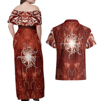 New Zealand Matariki Pohutukawa Couples Matching Off Shoulder Maxi Dress and Hawaiian Shirt Maori Moko Red Galaxy LT05 - Polynesian Pride
