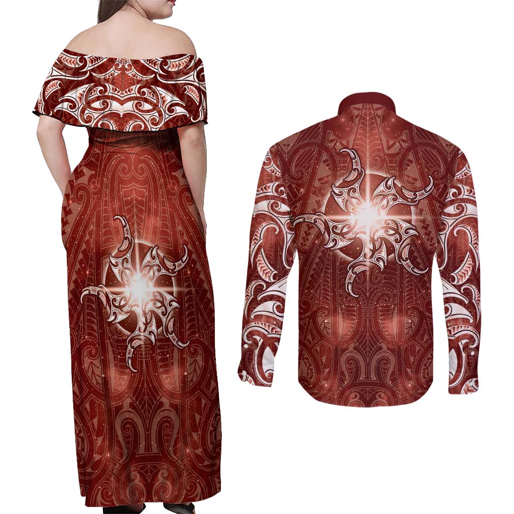 New Zealand Matariki Pohutukawa Couples Matching Off Shoulder Maxi Dress and Long Sleeve Button Shirt Maori Moko Red Galaxy LT05 - Polynesian Pride