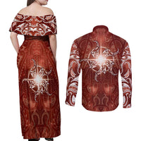 New Zealand Matariki Pohutukawa Couples Matching Off Shoulder Maxi Dress and Long Sleeve Button Shirt Maori Moko Red Galaxy LT05 - Polynesian Pride