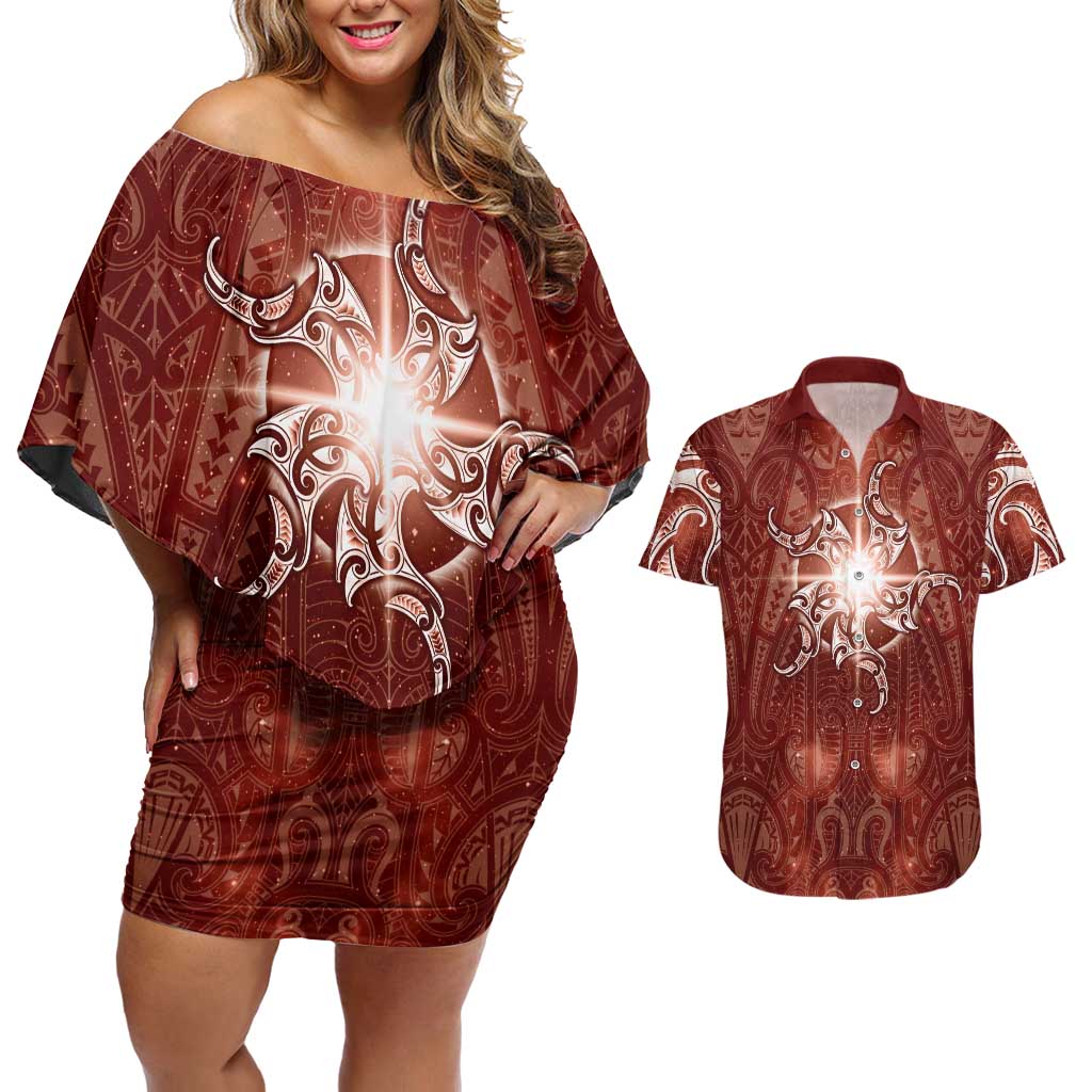 New Zealand Matariki Pohutukawa Couples Matching Off Shoulder Short Dress and Hawaiian Shirt Maori Moko Red Galaxy LT05 Red - Polynesian Pride