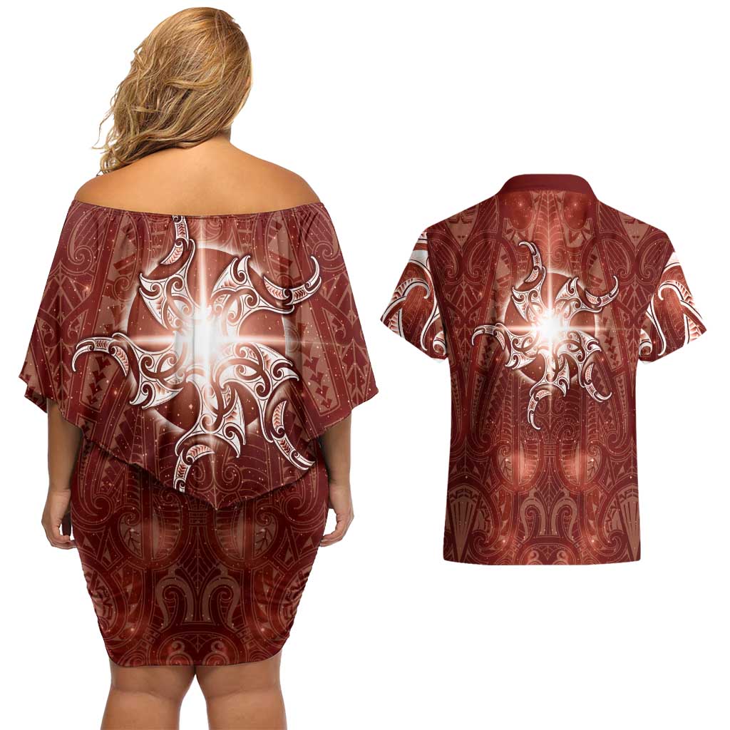 New Zealand Matariki Pohutukawa Couples Matching Off Shoulder Short Dress and Hawaiian Shirt Maori Moko Red Galaxy LT05 - Polynesian Pride