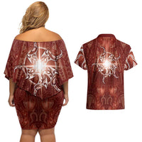 New Zealand Matariki Pohutukawa Couples Matching Off Shoulder Short Dress and Hawaiian Shirt Maori Moko Red Galaxy LT05 - Polynesian Pride