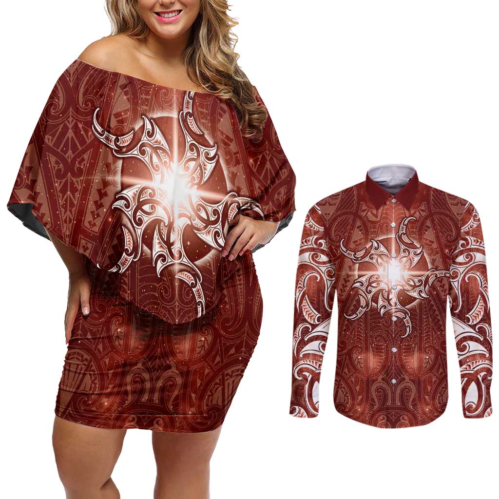 New Zealand Matariki Pohutukawa Couples Matching Off Shoulder Short Dress and Long Sleeve Button Shirt Maori Moko Red Galaxy LT05 Red - Polynesian Pride
