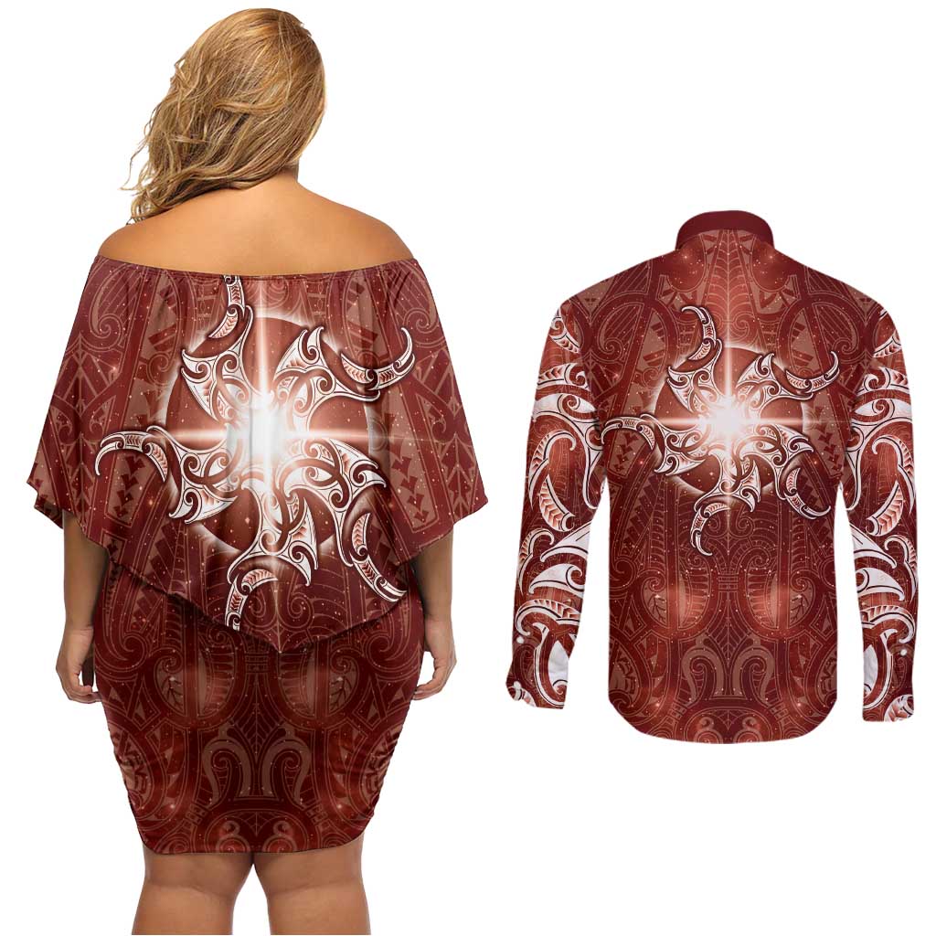 New Zealand Matariki Pohutukawa Couples Matching Off Shoulder Short Dress and Long Sleeve Button Shirt Maori Moko Red Galaxy LT05 - Polynesian Pride
