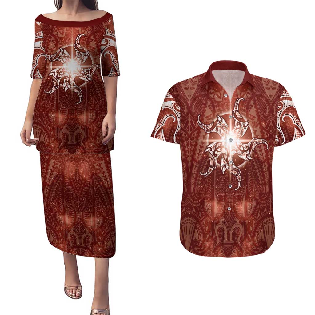 New Zealand Matariki Pohutukawa Couples Matching Puletasi and Hawaiian Shirt Maori Moko Red Galaxy LT05 Red - Polynesian Pride