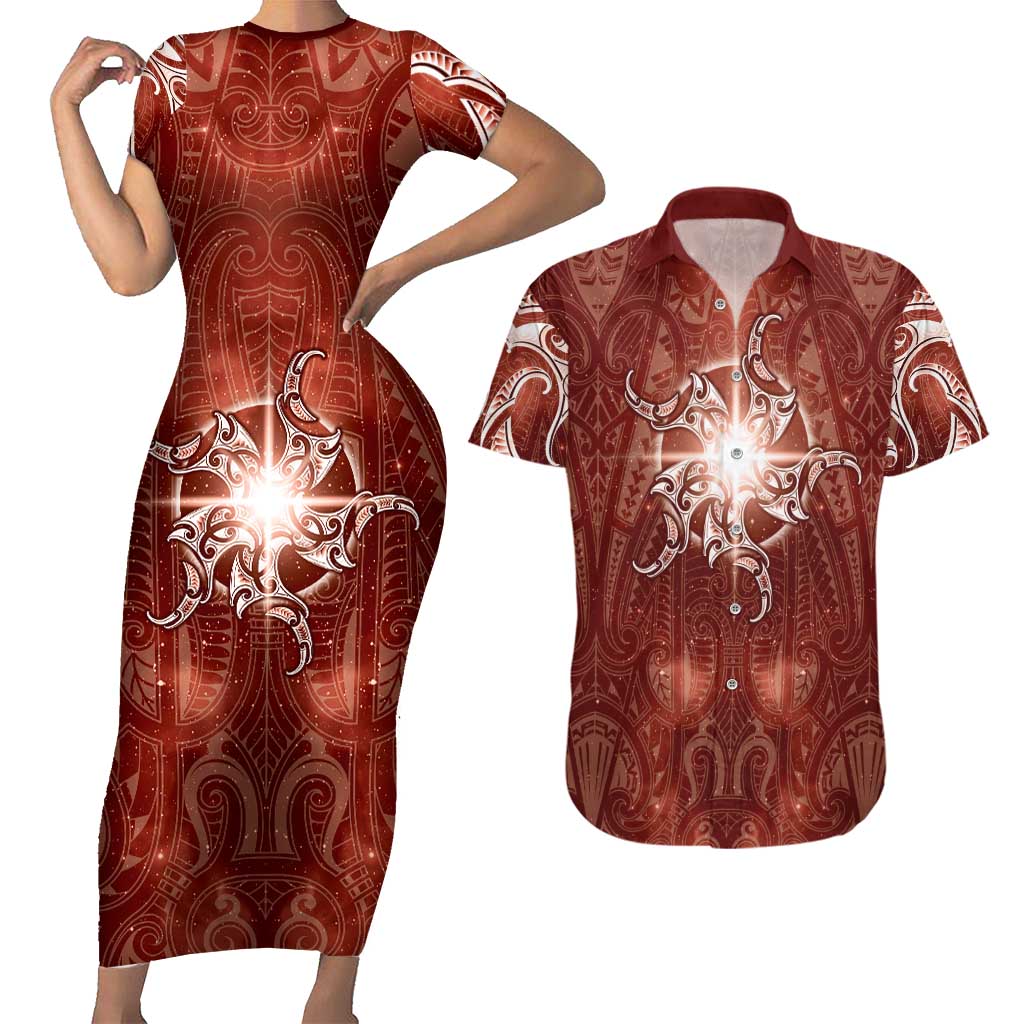New Zealand Matariki Pohutukawa Couples Matching Short Sleeve Bodycon Dress and Hawaiian Shirt Maori Moko Red Galaxy