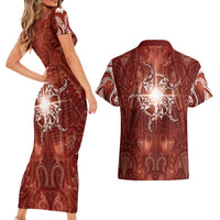 New Zealand Matariki Pohutukawa Couples Matching Short Sleeve Bodycon Dress and Hawaiian Shirt Maori Moko Red Galaxy LT05 - Polynesian Pride