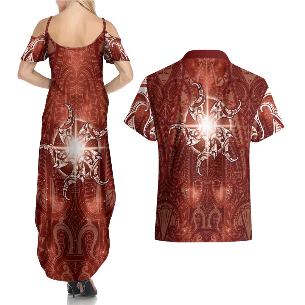 New Zealand Matariki Pohutukawa Couples Matching Summer Maxi Dress and Hawaiian Shirt Maori Moko Red Galaxy LT05 - Polynesian Pride