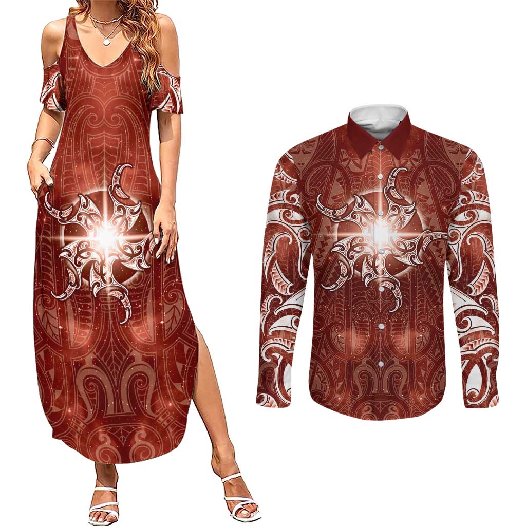 New Zealand Matariki Pohutukawa Couples Matching Summer Maxi Dress and Long Sleeve Button Shirt Maori Moko Red Galaxy LT05 Red - Polynesian Pride