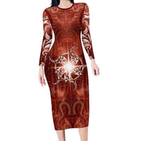 New Zealand Matariki Pohutukawa Family Matching Long Sleeve Bodycon Dress and Hawaiian Shirt Maori Moko Red Galaxy LT05 Mom's Dress Red - Polynesian Pride