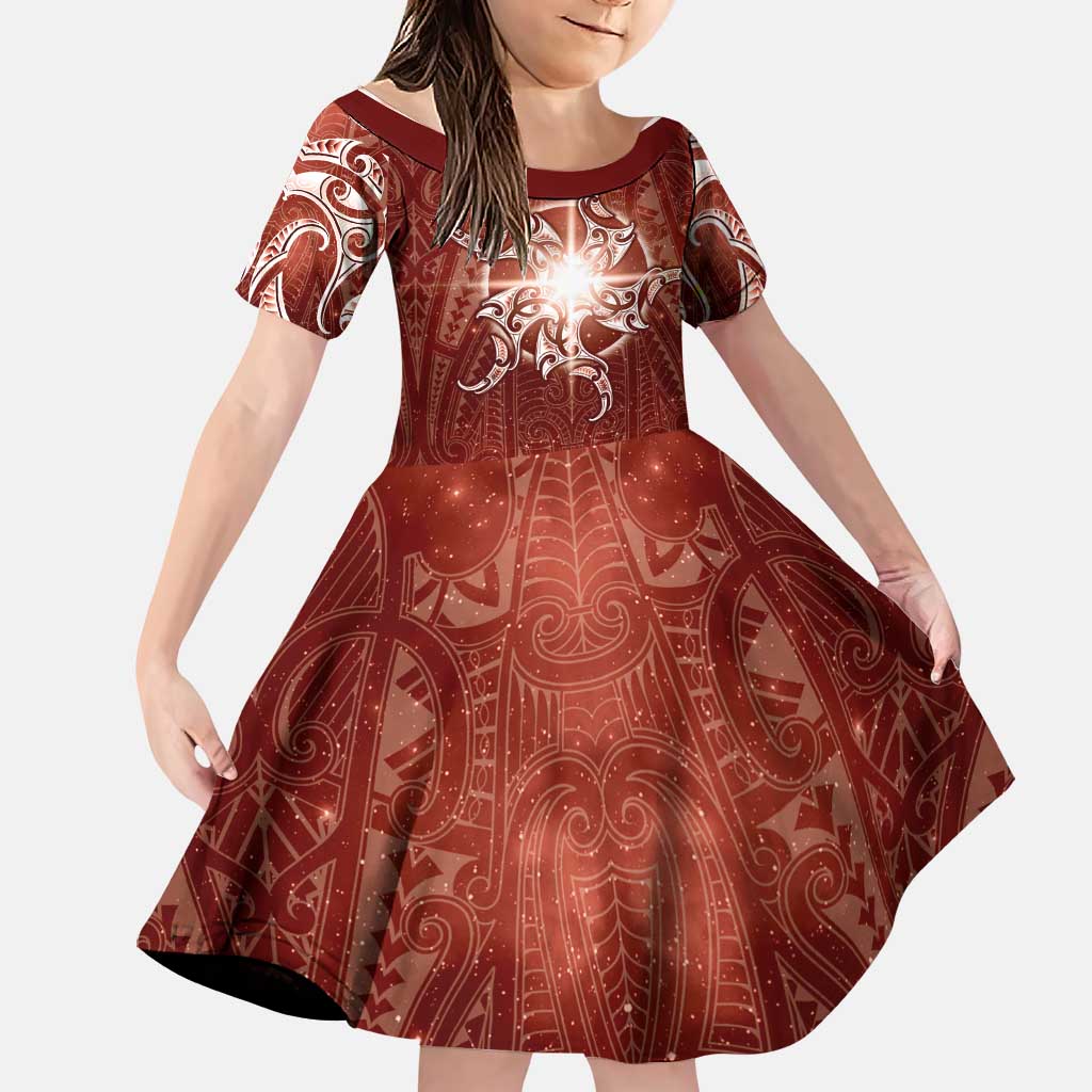 New Zealand Matariki Pohutukawa Family Matching Mermaid Dress and Hawaiian Shirt Maori Moko Red Galaxy LT05 Daughter's Dress Red - Polynesian Pride