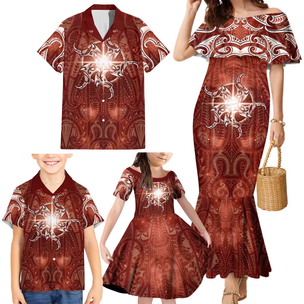 New Zealand Matariki Pohutukawa Family Matching Mermaid Dress and Hawaiian Shirt Maori Moko Red Galaxy