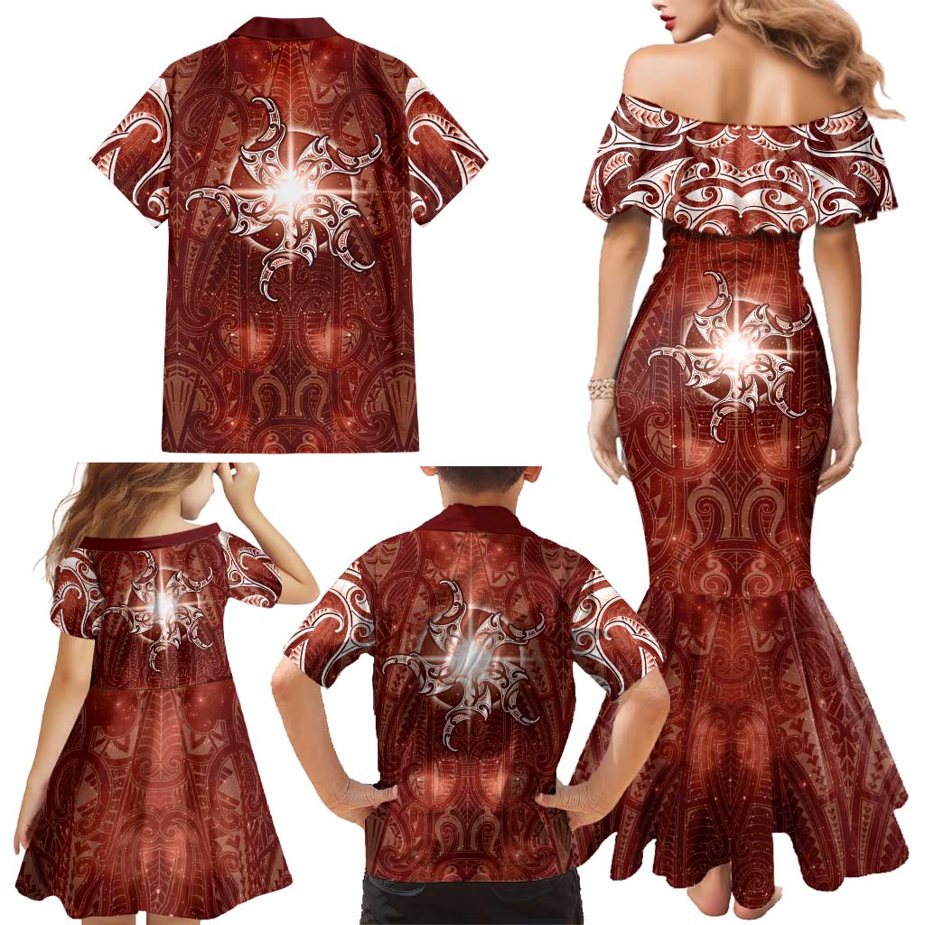 New Zealand Matariki Pohutukawa Family Matching Mermaid Dress and Hawaiian Shirt Maori Moko Red Galaxy LT05 - Polynesian Pride