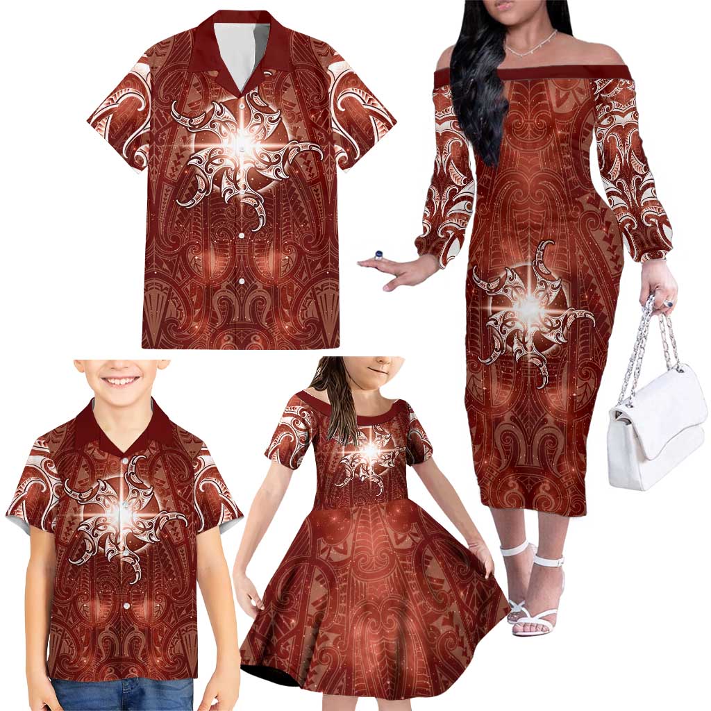 New Zealand Matariki Pohutukawa Family Matching Off The Shoulder Long Sleeve Dress and Hawaiian Shirt Maori Moko Red Galaxy LT05 - Polynesian Pride