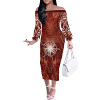 New Zealand Matariki Pohutukawa Family Matching Off The Shoulder Long Sleeve Dress and Hawaiian Shirt Maori Moko Red Galaxy LT05 Mom's Dress Red - Polynesian Pride