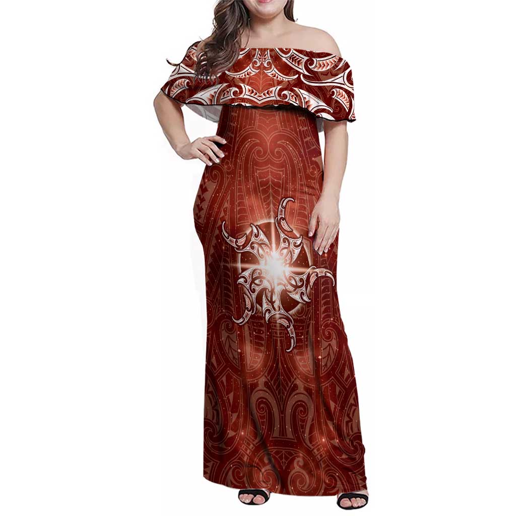 New Zealand Matariki Pohutukawa Family Matching Off Shoulder Maxi Dress and Hawaiian Shirt Maori Moko Red Galaxy LT05 Mom's Dress Red - Polynesian Pride