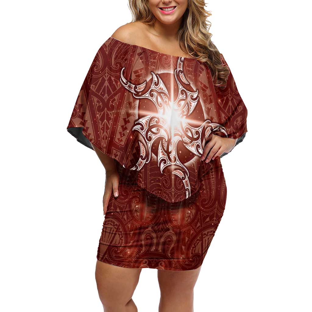 New Zealand Matariki Pohutukawa Family Matching Off Shoulder Short Dress and Hawaiian Shirt Maori Moko Red Galaxy LT05 Mom's Dress Red - Polynesian Pride