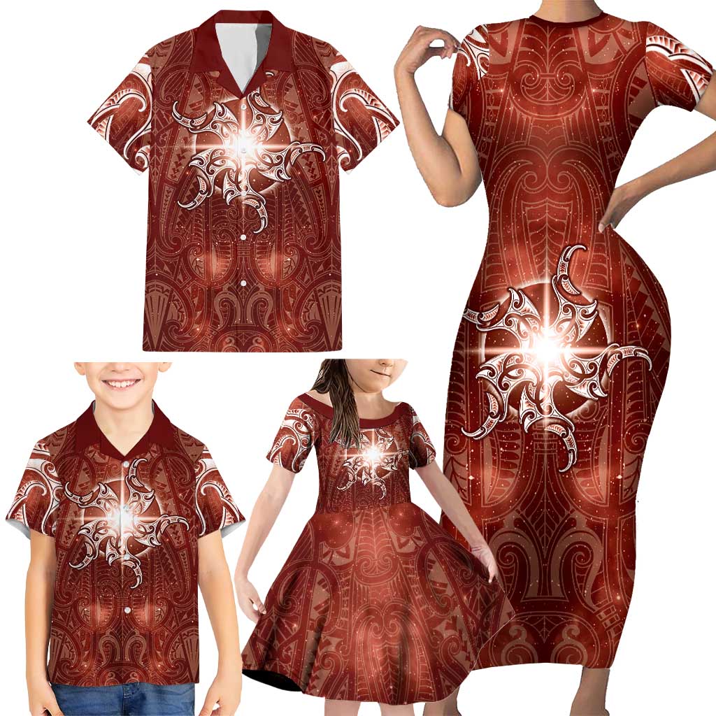 New Zealand Matariki Pohutukawa Family Matching Short Sleeve Bodycon Dress and Hawaiian Shirt Maori Moko Red Galaxy