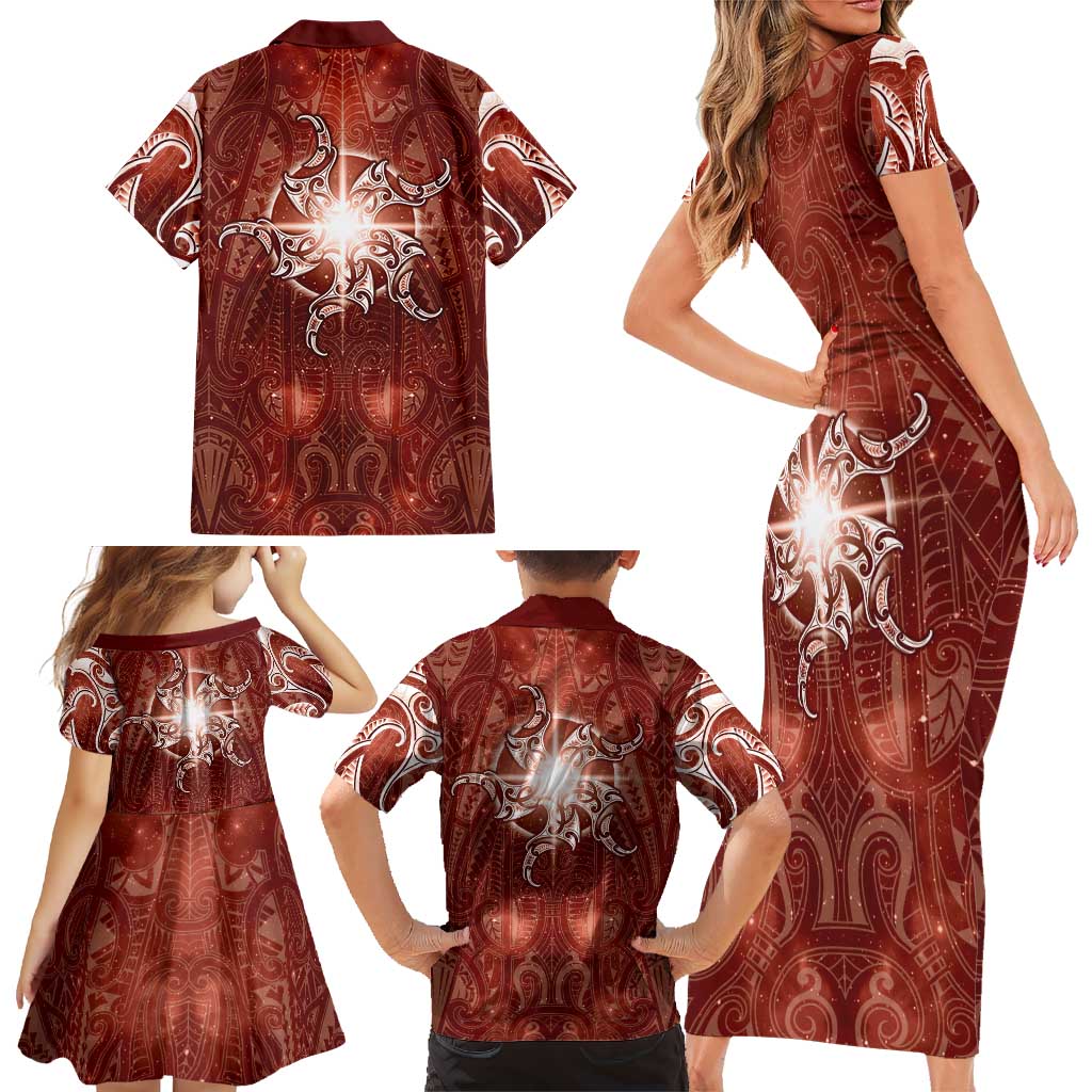 New Zealand Matariki Pohutukawa Family Matching Short Sleeve Bodycon Dress and Hawaiian Shirt Maori Moko Red Galaxy LT05 - Polynesian Pride