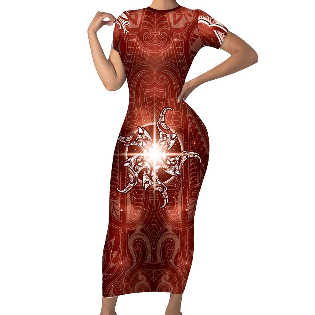 New Zealand Matariki Pohutukawa Family Matching Short Sleeve Bodycon Dress and Hawaiian Shirt Maori Moko Red Galaxy LT05 Mom's Dress Red - Polynesian Pride