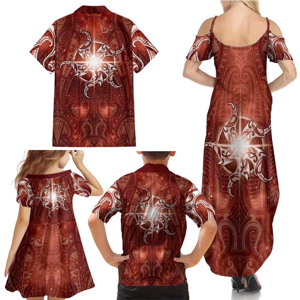 New Zealand Matariki Pohutukawa Family Matching Summer Maxi Dress and Hawaiian Shirt Maori Moko Red Galaxy LT05 - Polynesian Pride