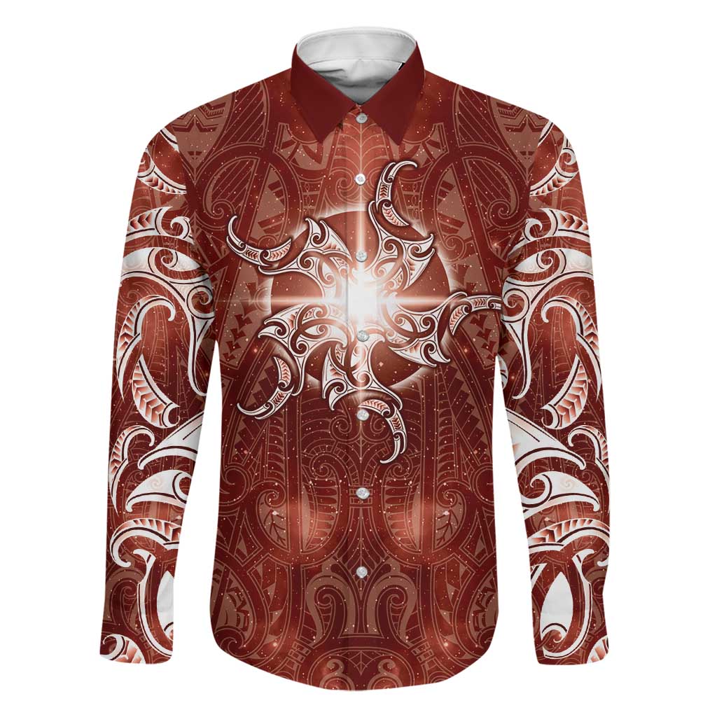 New Zealand Matariki Pohutukawa Family Matching Summer Maxi Dress and Hawaiian Shirt Maori Moko Red Galaxy LT05 Dad's Shirt - Long Sleeve Red - Polynesian Pride