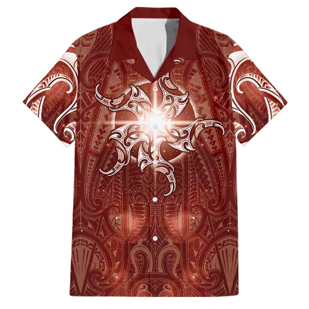 New Zealand Matariki Pohutukawa Family Matching Tank Maxi Dress and Hawaiian Shirt Maori Moko Red Galaxy LT05 Dad's Shirt - Short Sleeve Red - Polynesian Pride