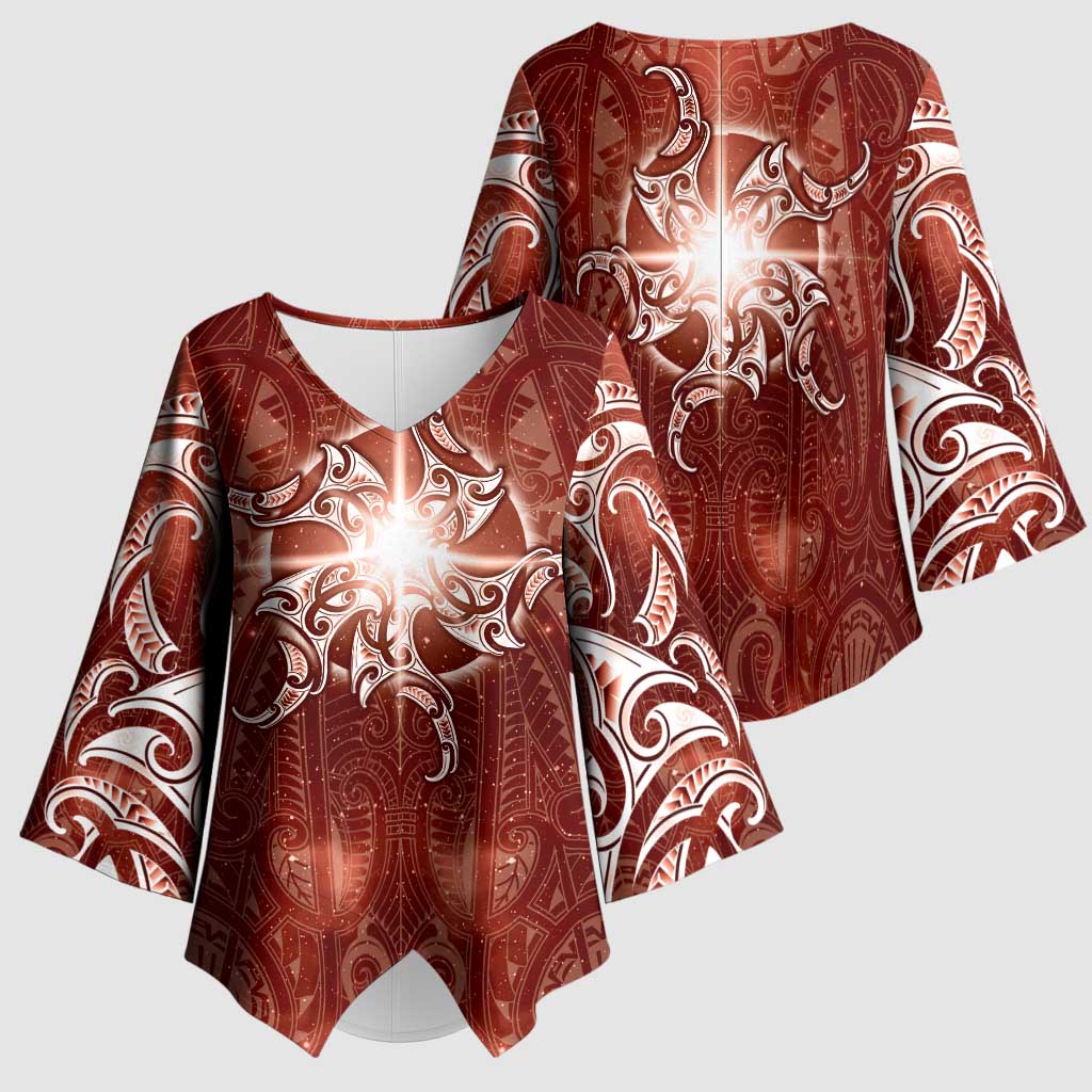 New Zealand Matariki Pohutukawa Kimono Sleeve Blouse Maori Moko Red Galaxy