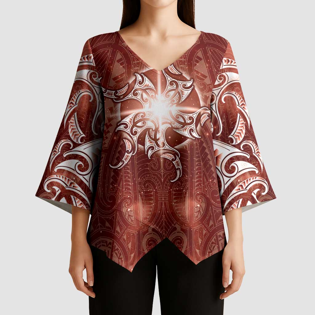 New Zealand Matariki Pohutukawa Kimono Sleeve Blouse Maori Moko Red Galaxy