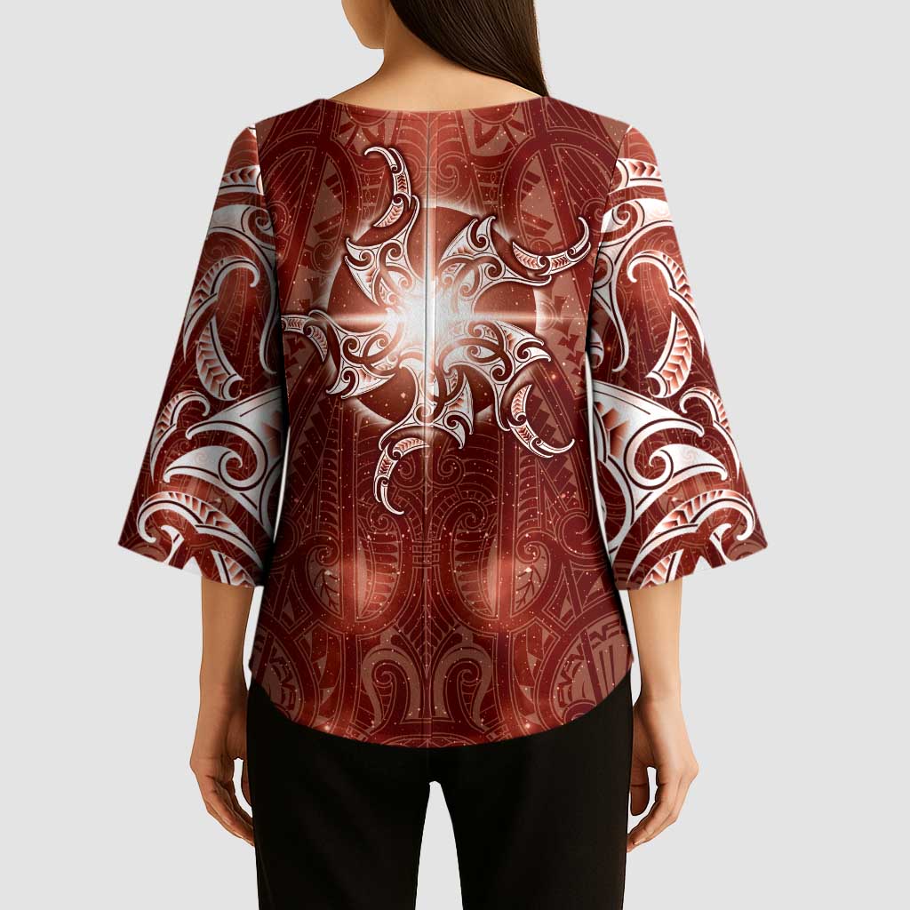 New Zealand Matariki Pohutukawa Kimono Sleeve Blouse Maori Moko Red Galaxy