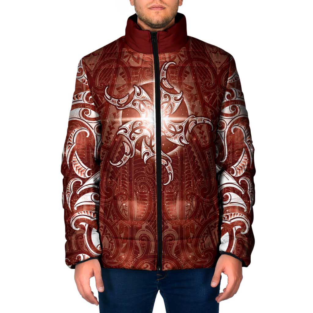 New Zealand Matariki Pohutukawa Padded Jacket Maori Moko Red Galaxy