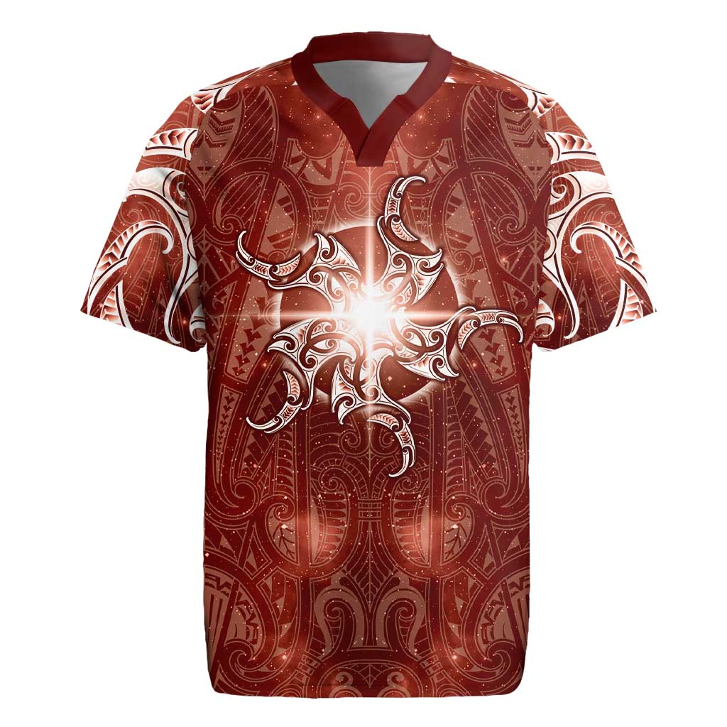 New Zealand Matariki Pohutukawa Rugby Jersey Maori Moko Red Galaxy