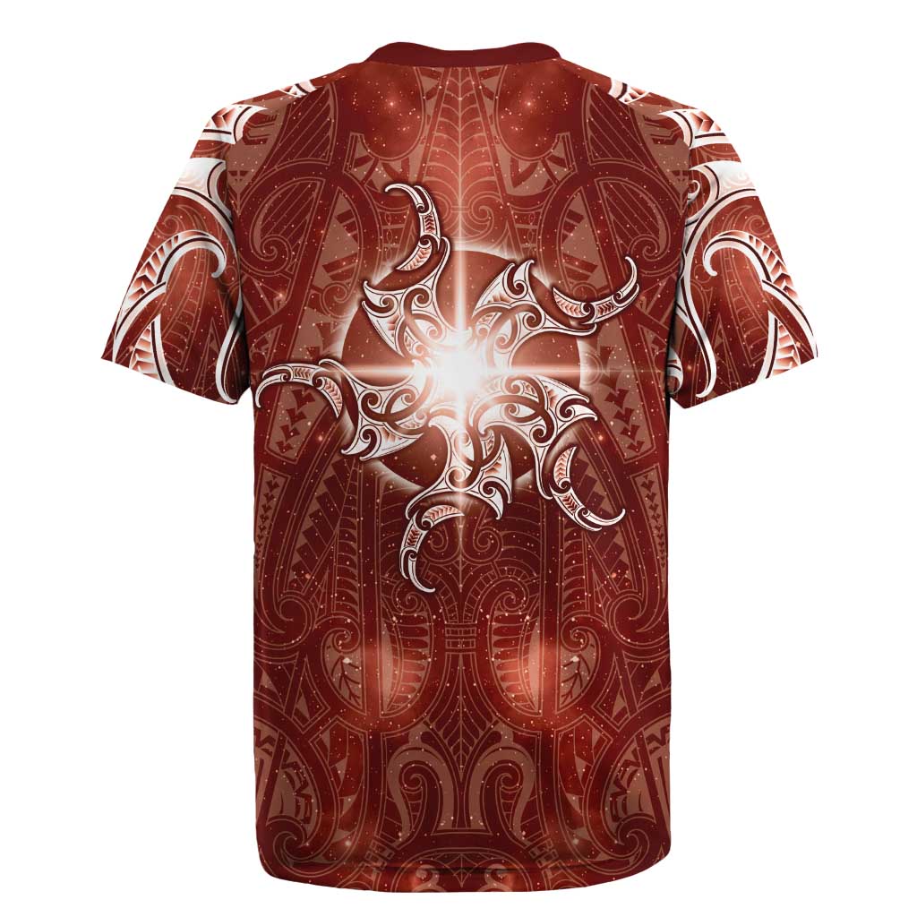New Zealand Matariki Pohutukawa Rugby Jersey Maori Moko Red Galaxy