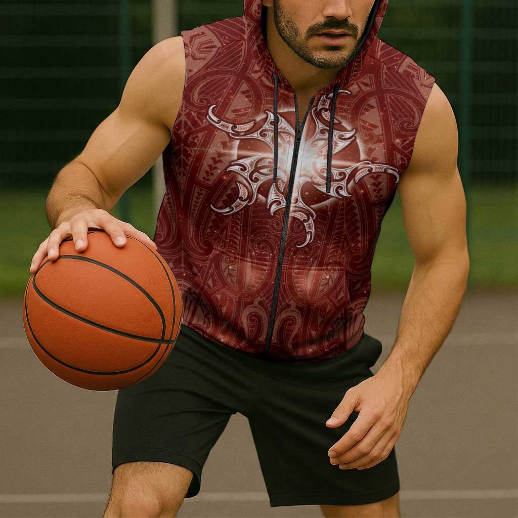 New Zealand Matariki Pohutukawa Sleeveless Zip Hoodie Maori Moko Red Galaxy