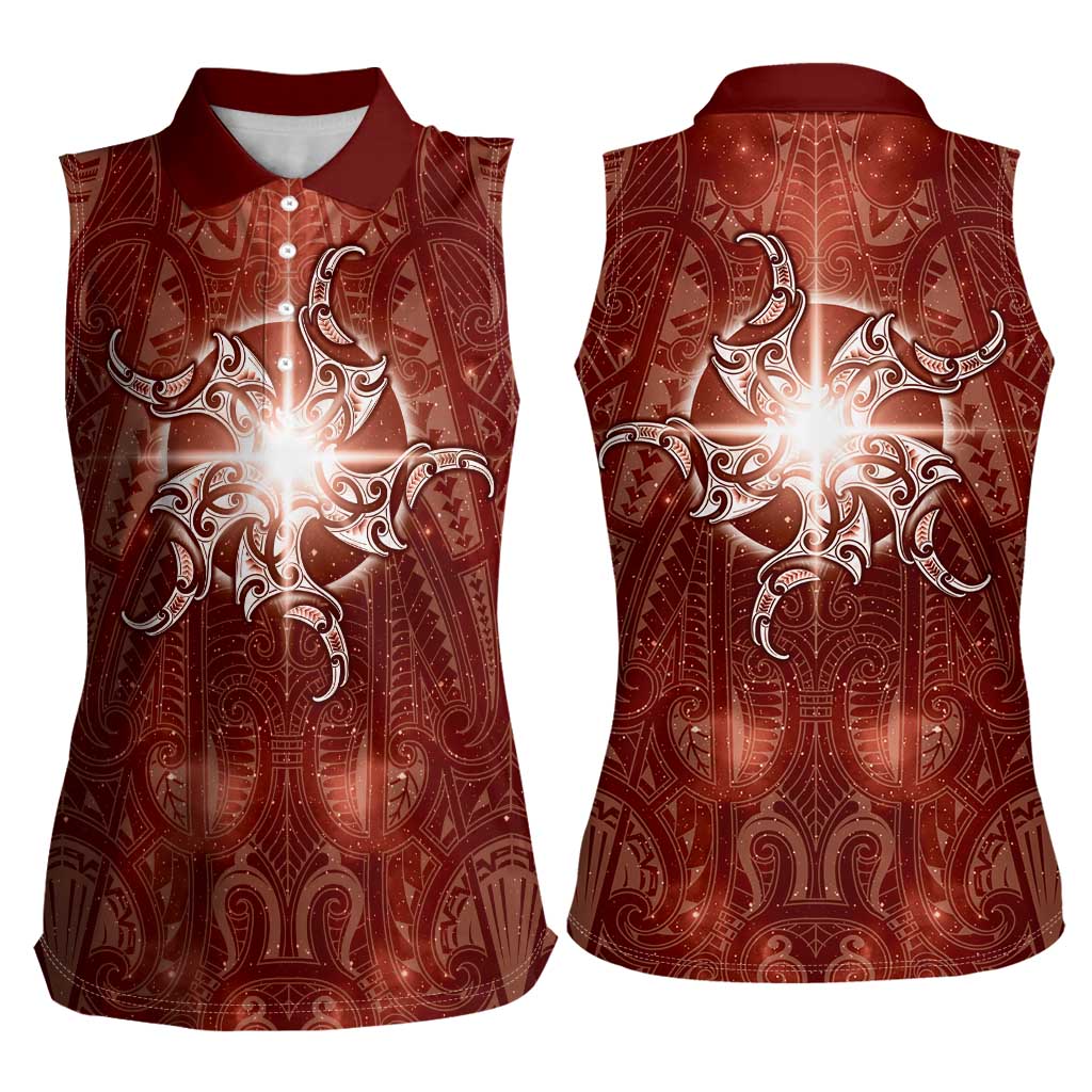 New Zealand Matariki Pohutukawa Women Sleeveless Polo Shirt Maori Moko Red Galaxy LT05 - Polynesian Pride